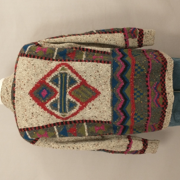 Vintage Sweaters - Colorful Handknit Cardigan Sweater Natural Undyed Wool Pockets Bold Pattern SeeM